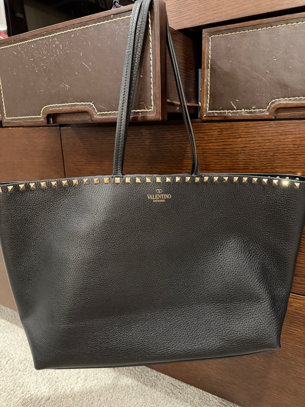 Valentino Garavani Black Pebbled Leather Tote with Gold Rockstud Trim